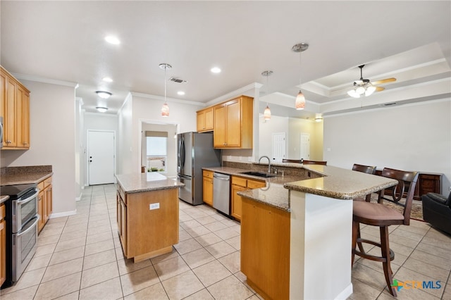 460 Shayla Ln, Canyon Lake, TX 78133 - kitchen featuring stainless steel appliances, a peninsula, crown molding, a kitchen island, and a breakfast bar