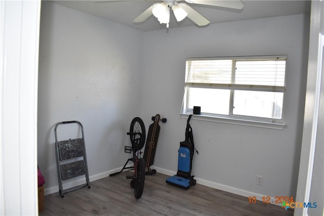 workout area with ceiling fan and wood-type flooring