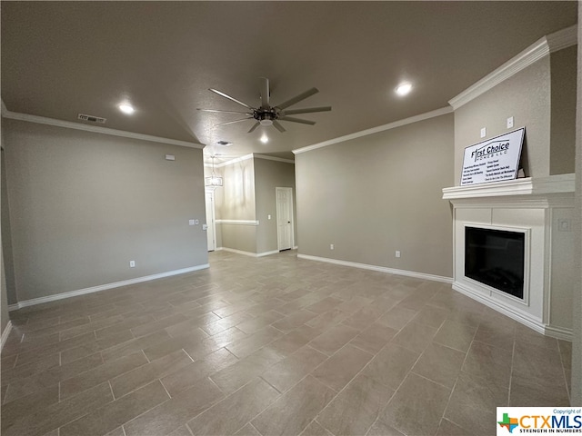 unfurnished living room featuring ceiling fan and ornamental molding