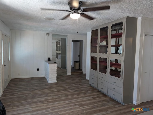 1201 Oblate Dr, Canyon Lake, TX 78133 - unfurnished living room with ceiling fan, dark wood-style flooring, a textured ceiling, and baseboards