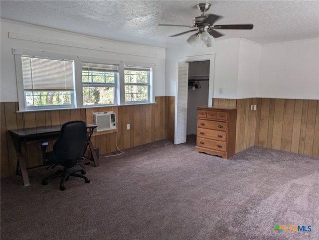 1201 Oblate Dr, Canyon Lake, TX 78133 - home office featuring wooden walls, a wainscoted wall, a textured ceiling, carpet, and ceiling fan