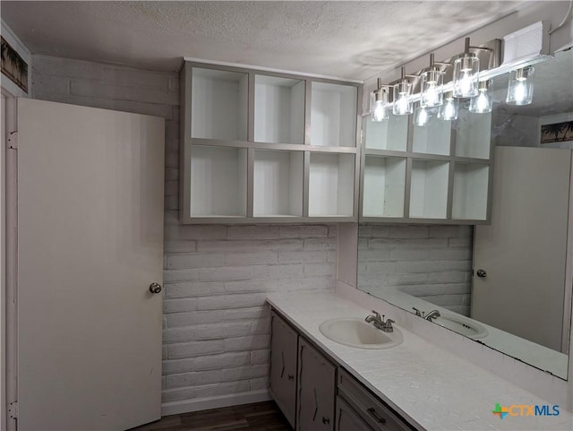 1201 Oblate Dr, Canyon Lake, TX 78133 - bathroom with wood finished floors, a textured ceiling, and vanity