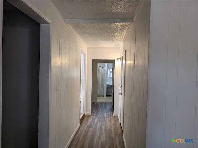 1201 Oblate Dr, Canyon Lake, TX 78133 - hallway with a textured ceiling, dark wood-style floors, wooden walls, and baseboards
