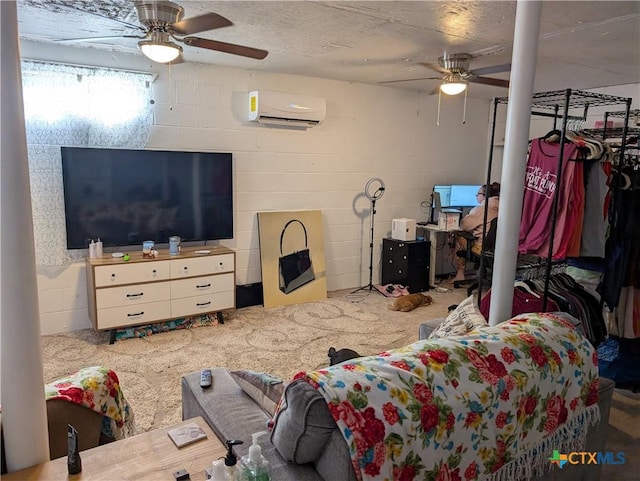 1201 Oblate Dr, Canyon Lake, TX 78133 - living room featuring ceiling fan, a wall unit AC, concrete block wall, and carpet