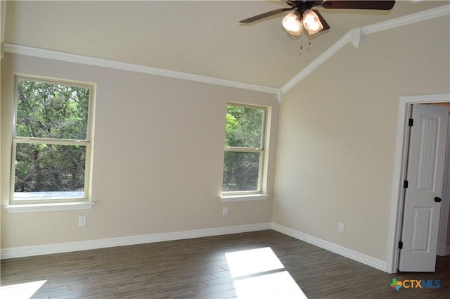 850 County Road 3152, Kempner, TX 76539 - unfurnished room with plenty of natural light, ceiling fan, dark wood-style flooring, vaulted ceiling, and ornamental molding