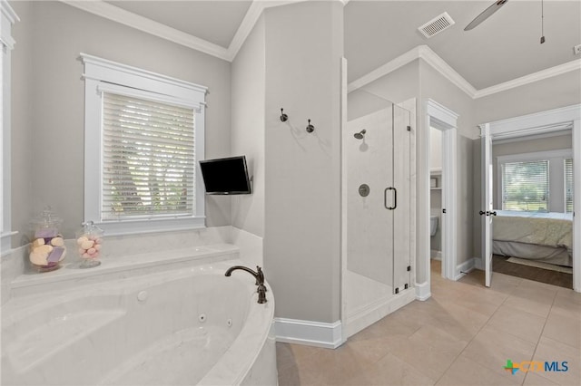 6319 Drexel Loop, Temple, TX 76502 - full bath featuring crown molding, a stall shower, a jetted tub, tile patterned floors, and a ceiling fan