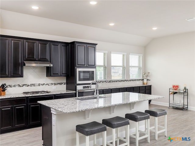 kitchen featuring appliances with stainless steel finishes, a kitchen island with sink, sink, light hardwood / wood-style floors, and lofted ceiling