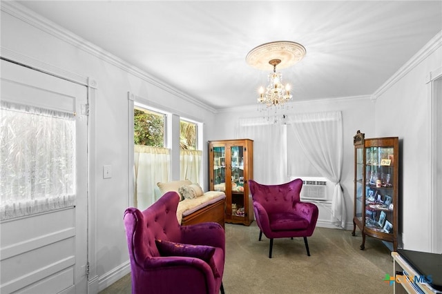 406 E Goodwin Ave, Victoria, TX 77901 - sitting room featuring a chandelier, carpet floors, crown molding, and cooling unit