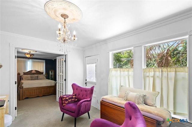 406 E Goodwin Ave, Victoria, TX 77901 - bedroom featuring a chandelier, ornamental molding, and carpet