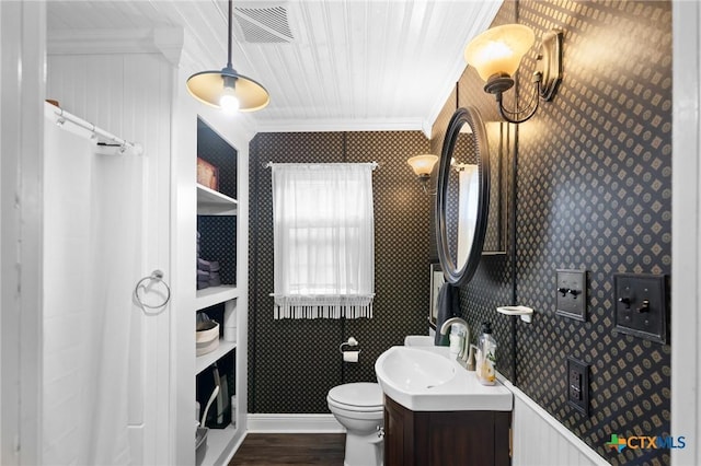 406 E Goodwin Ave, Victoria, TX 77901 - bathroom featuring ornamental molding, vanity, wood finished floors, and wooden ceiling