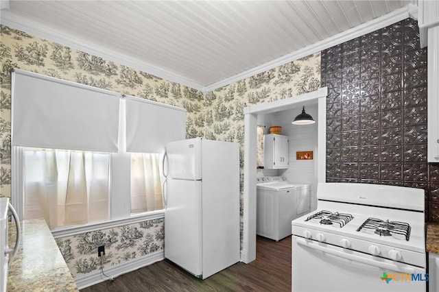 406 E Goodwin Ave, Victoria, TX 77901 - kitchen featuring white appliances, wallpapered walls, dark wood finished floors, crown molding, and washing machine and clothes dryer