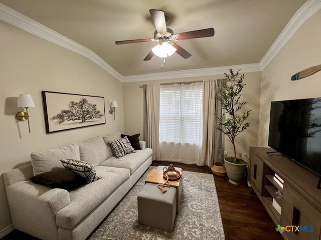 living room featuring ceiling fan, dark hardwood / wood-style flooring, and crown molding