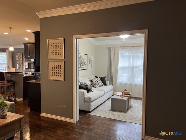 living room featuring sink, crown molding, and dark wood-type flooring