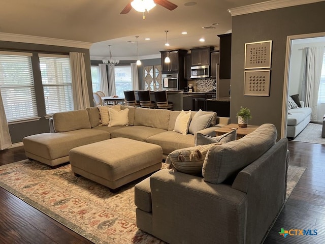 living room with hardwood / wood-style floors, ceiling fan with notable chandelier, and crown molding