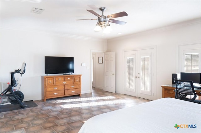 bedroom with french doors, visible vents, ornamental molding, ceiling fan, and access to outside