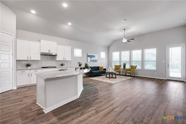 513 Foxbrook Way, Cibolo, TX 78108 - kitchen with lofted ceiling, ceiling fan, dark wood-style floors, open floor plan, and white cabinetry