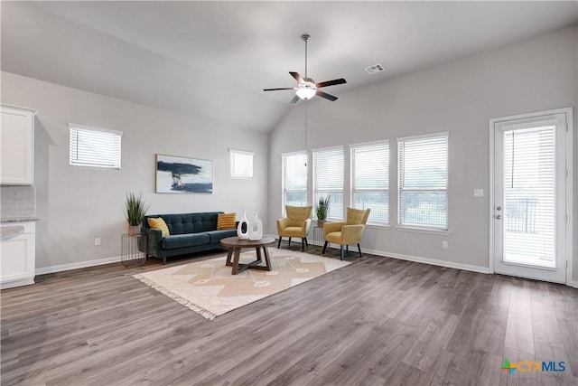513 Foxbrook Way, Cibolo, TX 78108 - living room with ceiling fan, light wood-type flooring, plenty of natural light, and vaulted ceiling
