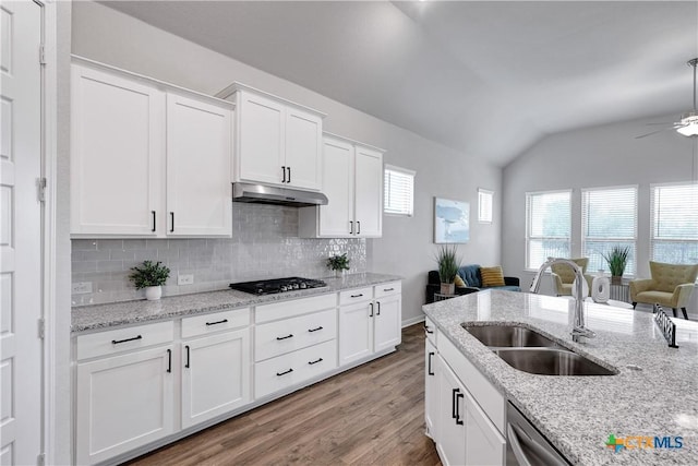 513 Foxbrook Way, Cibolo, TX 78108 - kitchen with a sink, black stovetop, under cabinet range hood, lofted ceiling, and open floor plan