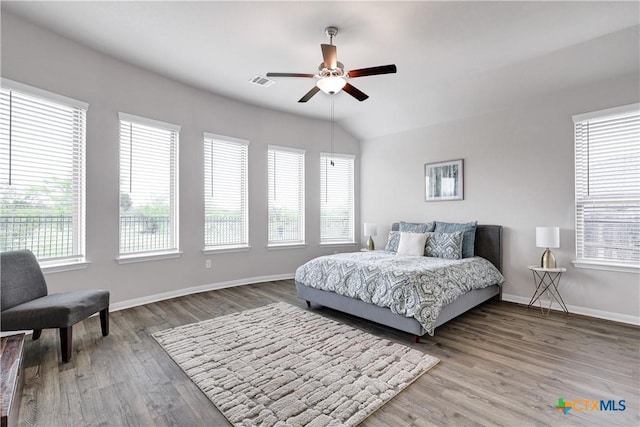 513 Foxbrook Way, Cibolo, TX 78108 - bedroom with wood finished floors, baseboards, a ceiling fan, and lofted ceiling