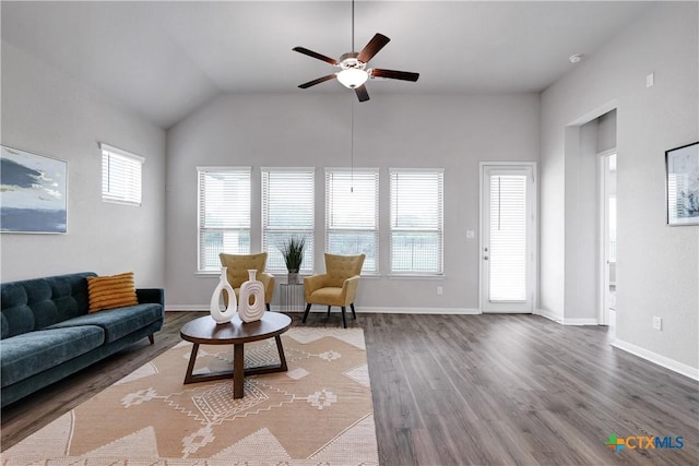 513 Foxbrook Way, Cibolo, TX 78108 - living area with ceiling fan, wood finished floors, lofted ceiling, and baseboards