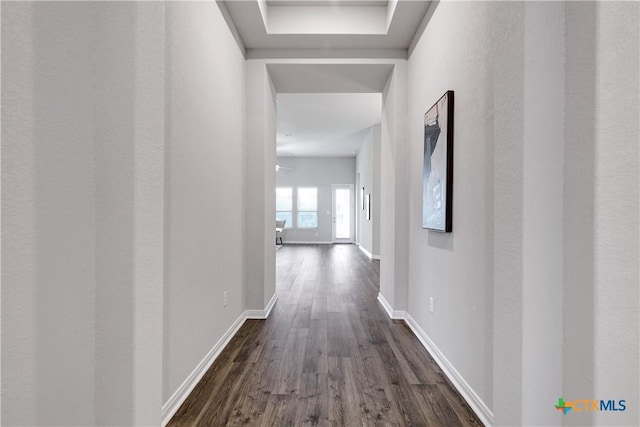 513 Foxbrook Way, Cibolo, TX 78108 - hall featuring dark wood-style flooring and baseboards