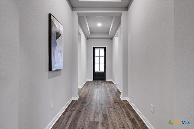 513 Foxbrook Way, Cibolo, TX 78108 - doorway to outside featuring dark wood-style flooring, a raised ceiling, and baseboards