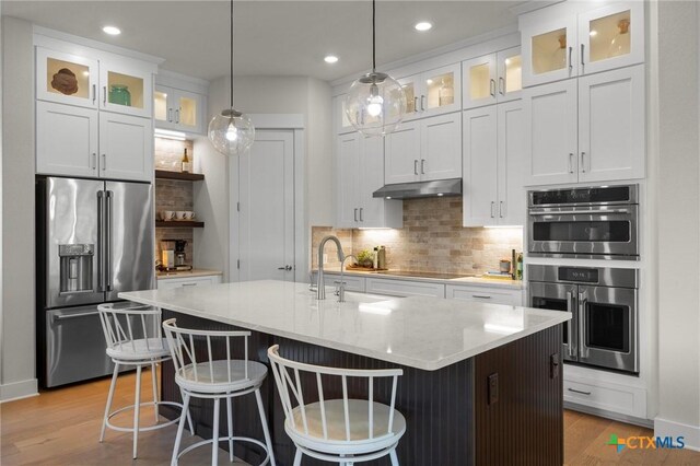 105 Monterey Oak Trl, Georgetown, TX 78628 - kitchen featuring stainless steel appliances, under cabinet range hood, a sink, tasteful backsplash, and light wood-style flooring