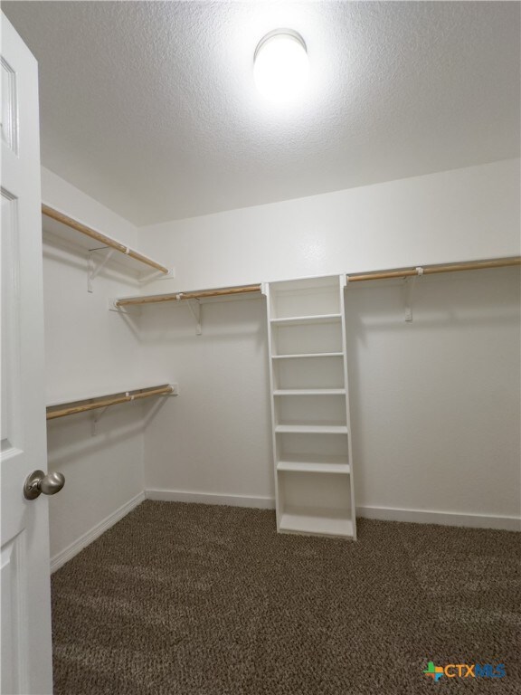 walk in closet featuring dark carpet