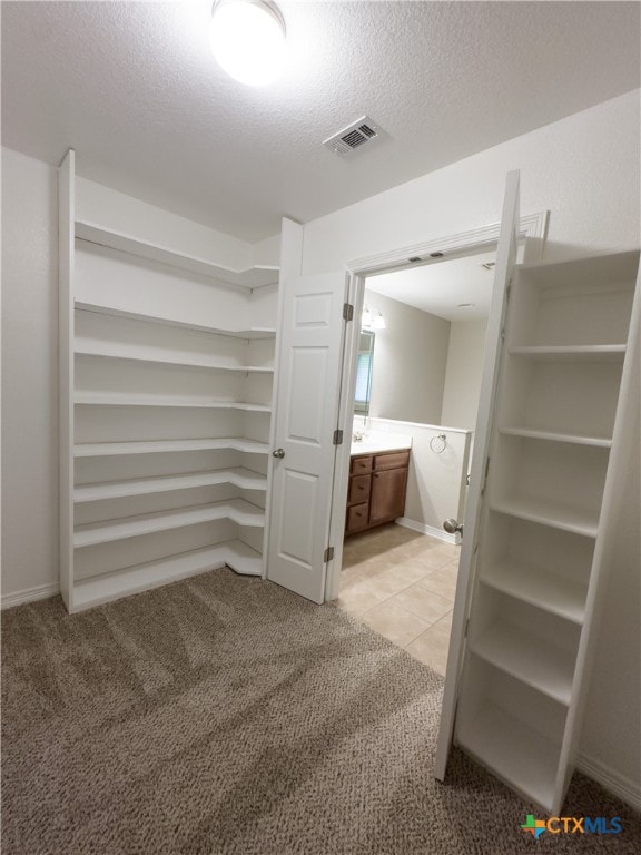 walk in closet featuring light carpet