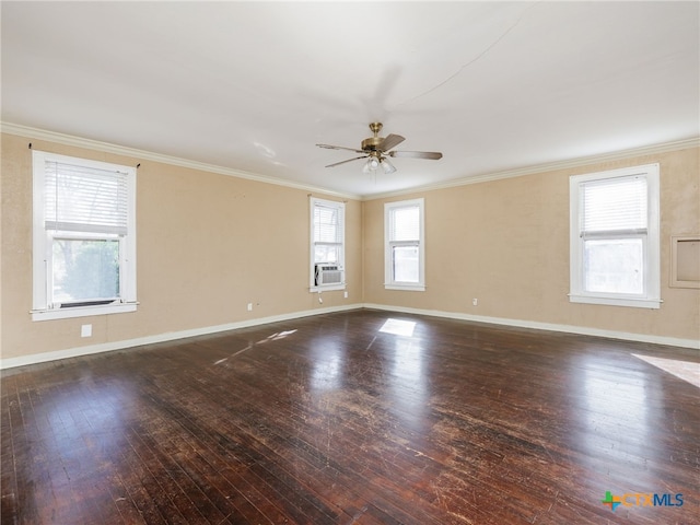 unfurnished room featuring ceiling fan, dark hardwood / wood-style floors, and ornamental molding