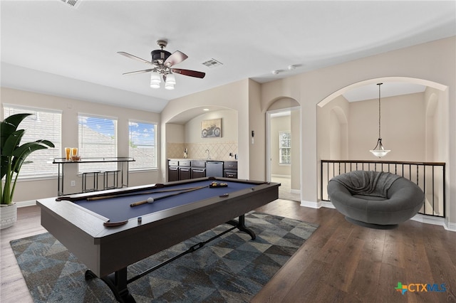 3312 Cortes Pl, Round Rock, TX 78665 - rec room with dark wood-type flooring, a ceiling fan, billiards, and baseboards