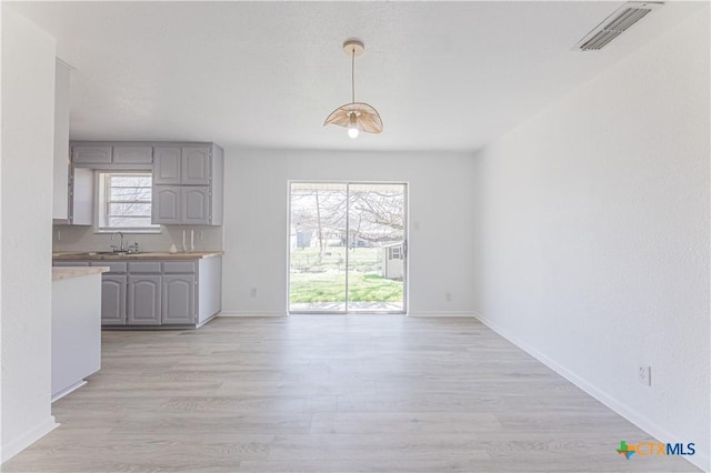 unfurnished dining area featuring a sink, visible vents, light wood-style floors, and a wealth of natural light