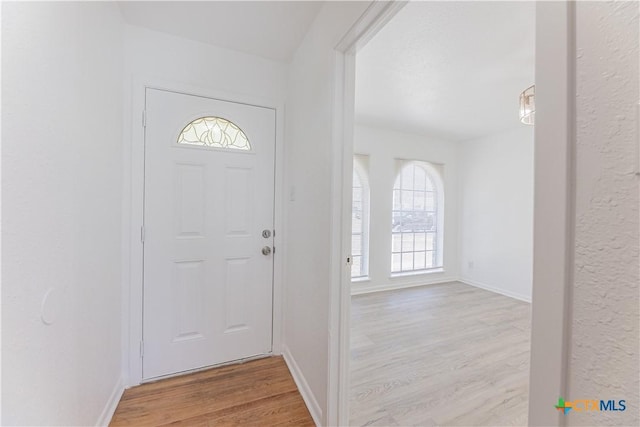 foyer with baseboards and wood finished floors