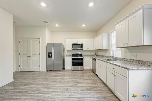 kitchen with white cabinets, light stone countertops, sink, and stainless steel appliances