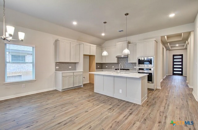 2055 Stephanie Ave, New Braunfels, TX 78132 - kitchen featuring appliances with stainless steel finishes, light wood-style flooring, decorative backsplash, under cabinet range hood, and recessed lighting