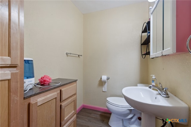 bathroom featuring toilet, sink, and wood-type flooring