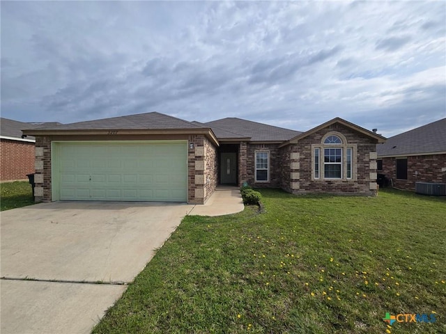 view of front of home with a garage, concrete driveway, central air condition unit, a front yard, and brick siding