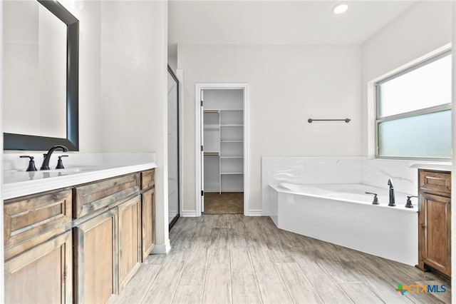 bathroom with wood-type flooring, vanity, and a bathtub