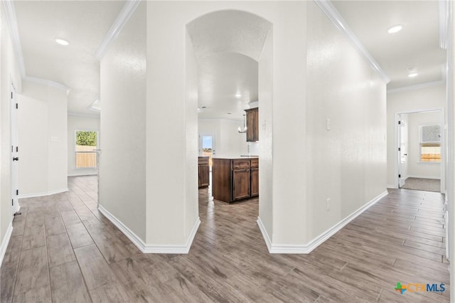 hall with crown molding and light hardwood / wood-style flooring