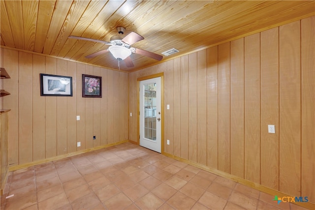 unfurnished room with wooden walls, ceiling fan, and wooden ceiling