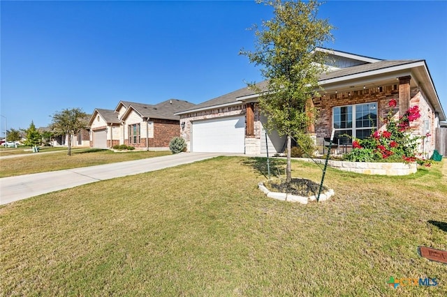 single story home with concrete driveway, a garage, and a front yard