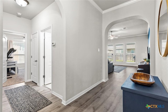 hall featuring wood finished floors, baseboards, arched walkways, and ornamental molding