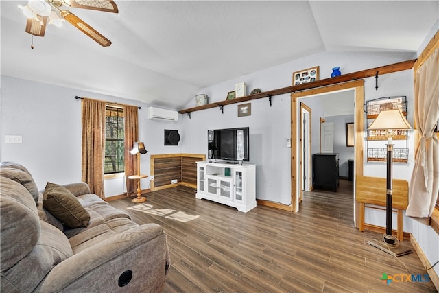 living room with a wall mounted air conditioner, wood-type flooring, vaulted ceiling, and ceiling fan