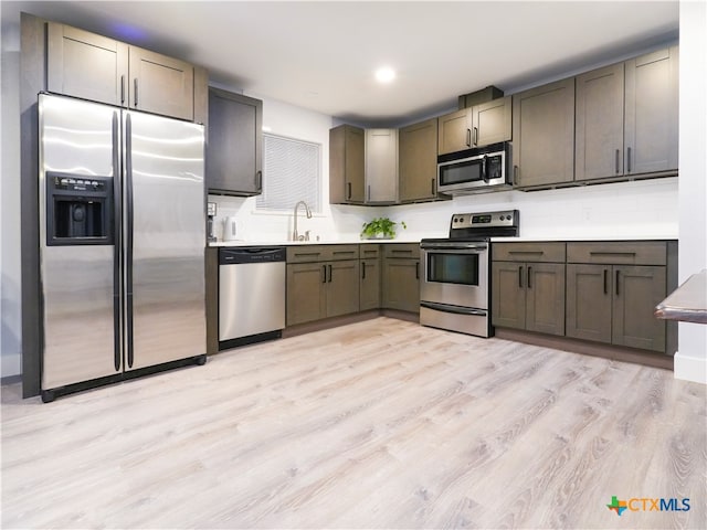 kitchen featuring backsplash, stainless steel appliances, light hardwood / wood-style floors, and sink