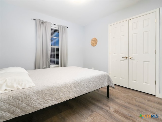 bedroom featuring hardwood / wood-style flooring and a closet