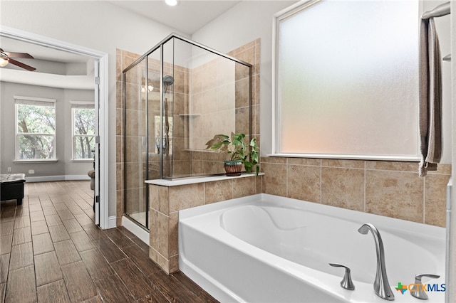 3256 Province Pt, Harker Heights, TX 76548 - bathroom with a shower stall, a bath, a ceiling fan, wood finished floors, and recessed lighting