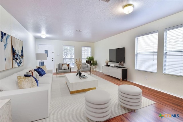 living room featuring a textured ceiling and light hardwood / wood-style floors