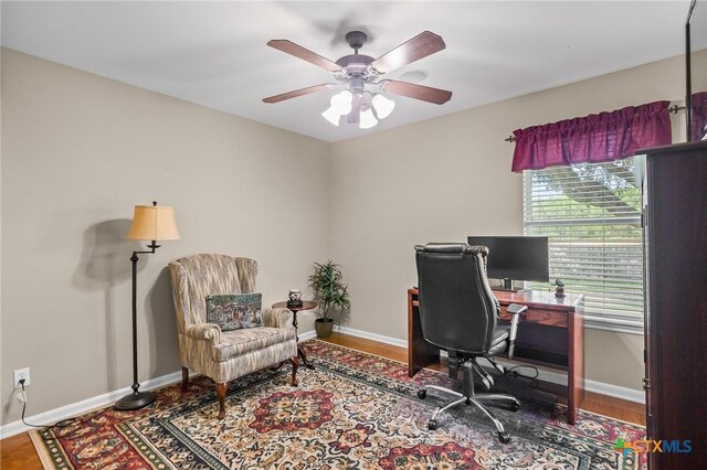 301 Deerchase, Victoria, TX 77901 - home office with a ceiling fan, baseboards, and wood finished floors