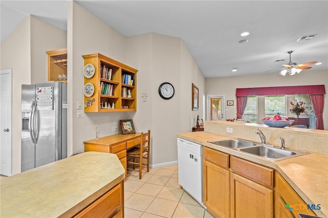 301 Deerchase, Victoria, TX 77901 - kitchen featuring stainless steel refrigerator with ice dispenser, dishwasher, a sink, a ceiling fan, and light tile patterned flooring