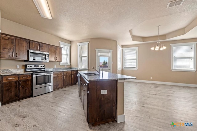 kitchen featuring plenty of natural light, a raised ceiling, appliances with stainless steel finishes, light wood-style floors, and a sink